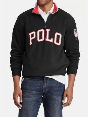 Polo Ralph Lauren Black Fleece Half Zip USA Flag Sweater Size M